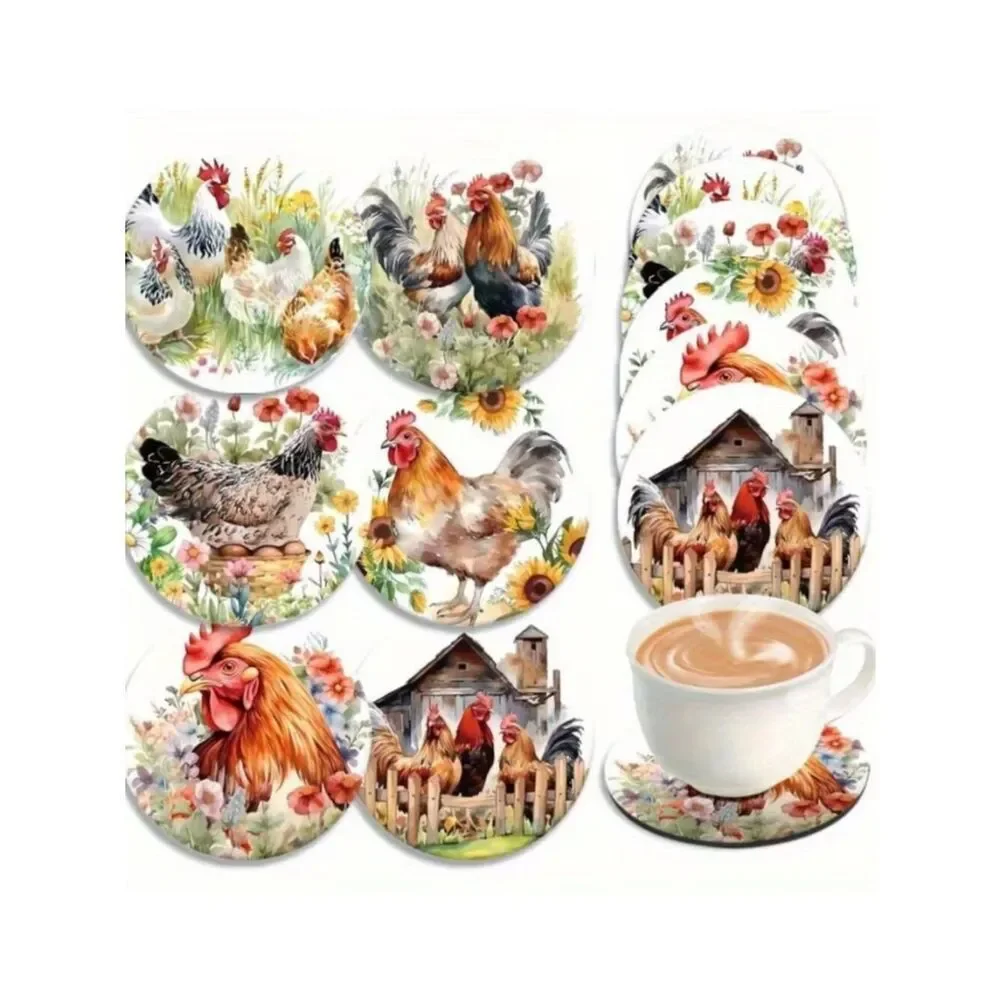 NWT 6pc Farmhouse Rooster Wooden Coaster Set Country Chic Kitchen Decor MDF Wood